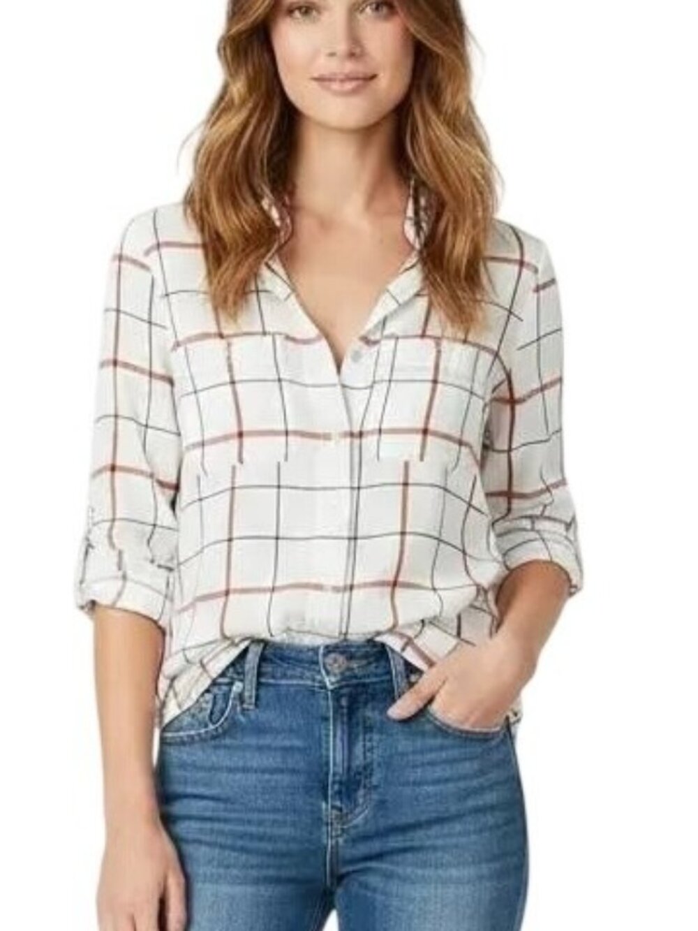 Sanctuary Women's Windowpane Button-Down Long‎ Sleeve Tomboy Shirt Size Small